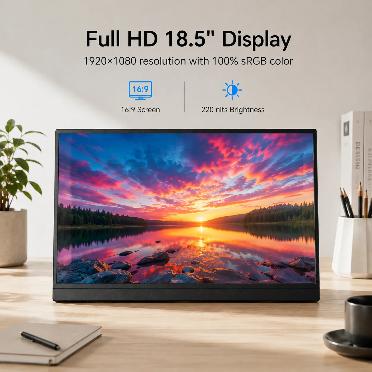 LESOWN 18.5 Inch Portable Monitor 1080P LCD Display Wireless Screen Mirroring AirPlay Miracast Type-C HDTV Second Screen VESA