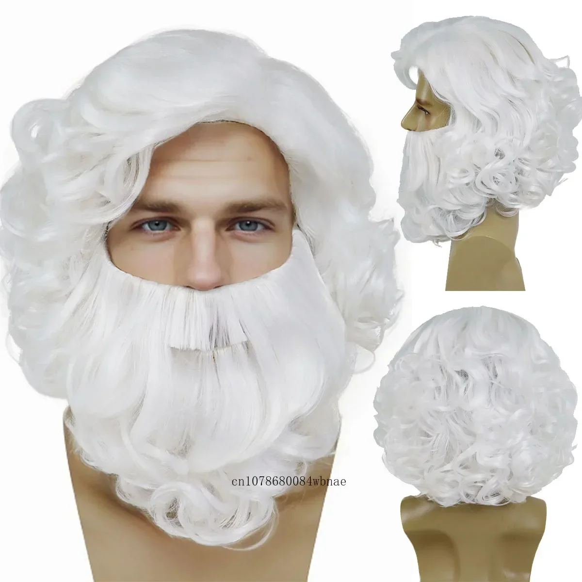 Christmas Santa Claus Wig, Synthetic Short Beard, Classic White Curly, Cosplay Costume Wigs for Older Men, Daily Halloween Party