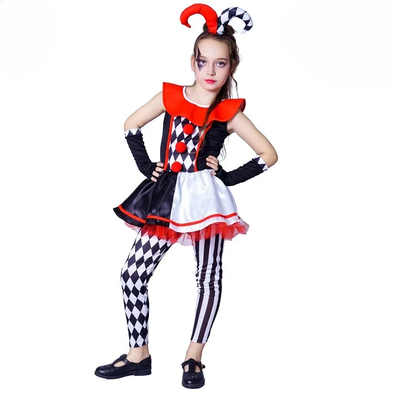 

Children's and women's checkered clown Halloween costume demon horn skirt performance suit