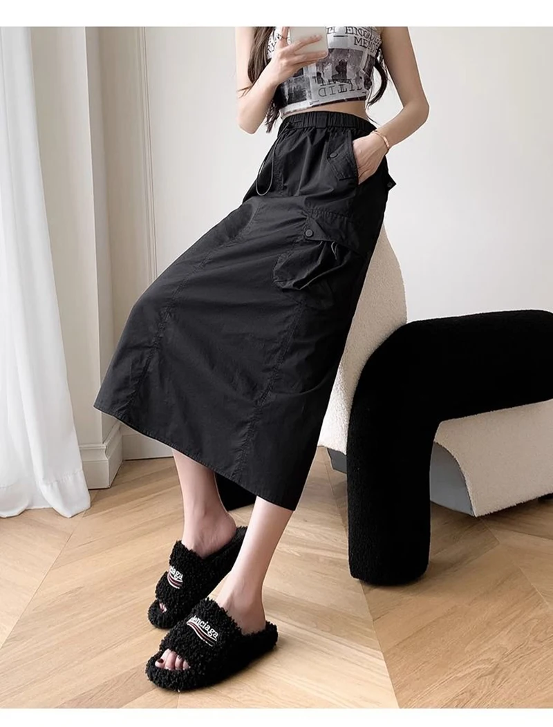 Jupe longue Cargo américaine Y2k pour femmes, taille haute, rétro, fente au dos, décontractée, Streetwear, ample, Harajuku, jupes trapèze