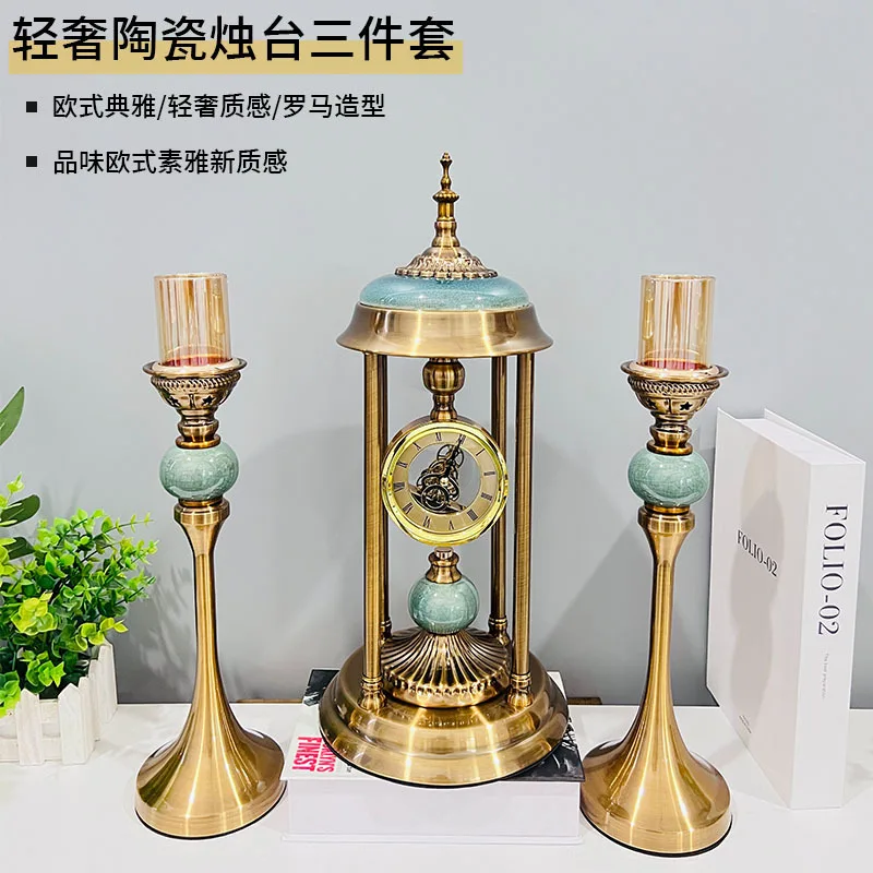 Geometric Abstract Clock Candle Holder, Retro Luxe Metal Ceramic Ornament for Living Room Entryway Dining Table, Showroom Decor