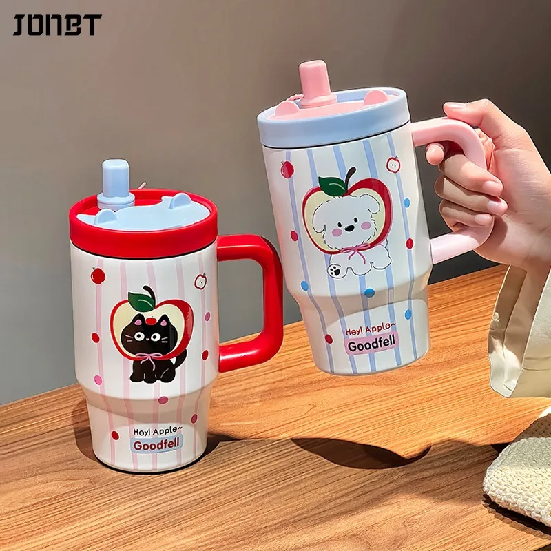 

800/1200ML Cartoon Cute Thermal Water Bottle With Handle Insulated Cup Ceramic Inner Liner Office Girl Double Drinking Straw Cup