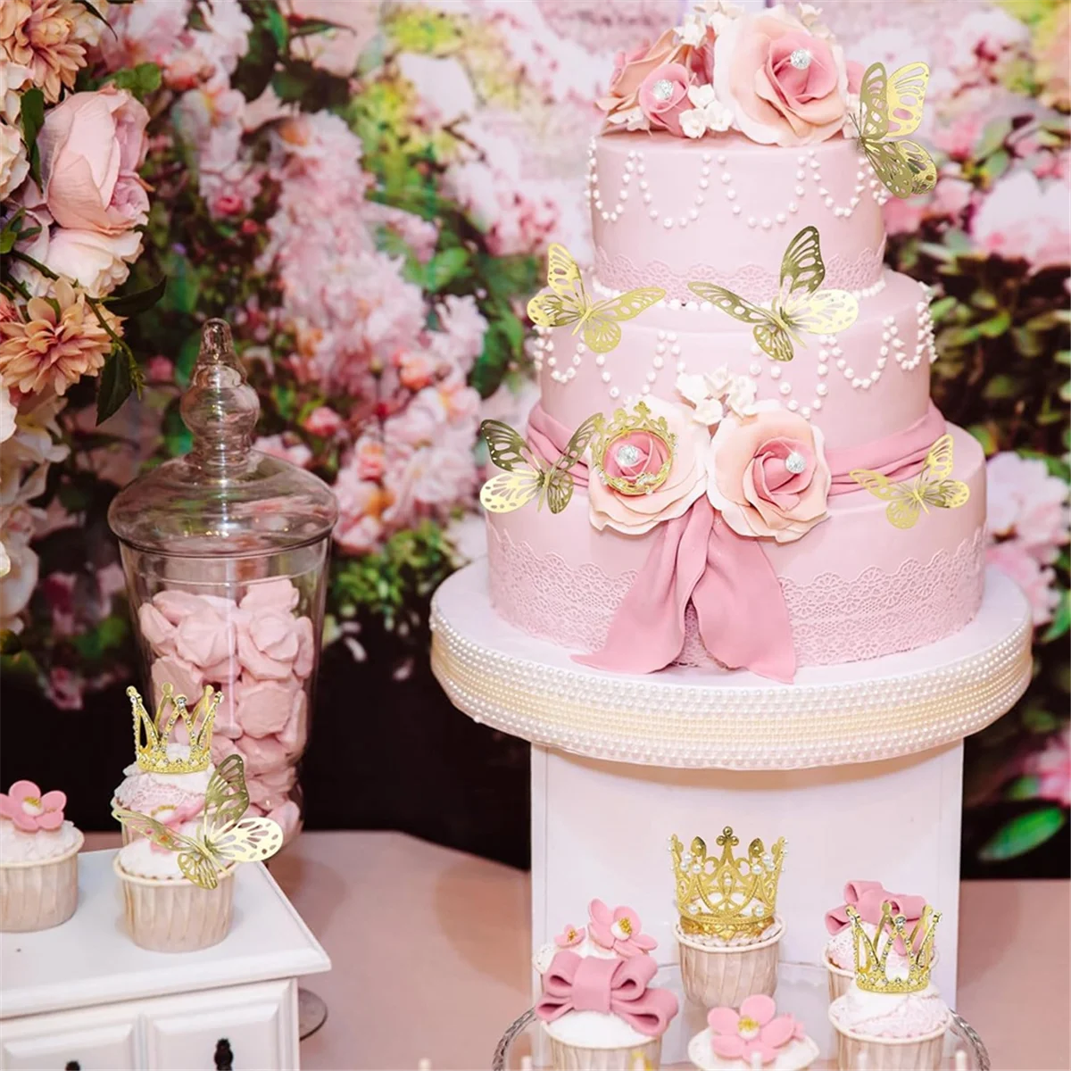 ABFW 148 PCS Bridal Flower Bouquet Accessories - 36 Gold Butterfly 12 Crowns Bouquet Corsages 100 Diamond Pins