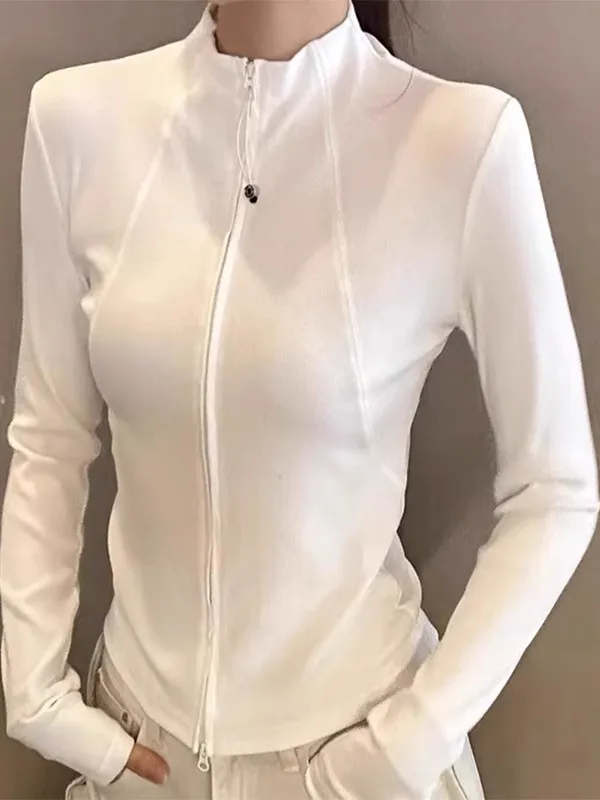 

Spring 2026 Women's Slim Fit Long Sve T-irt Zipper Collar Base irt Casual Sle Pure Color Sweat Absorption Regular Fit