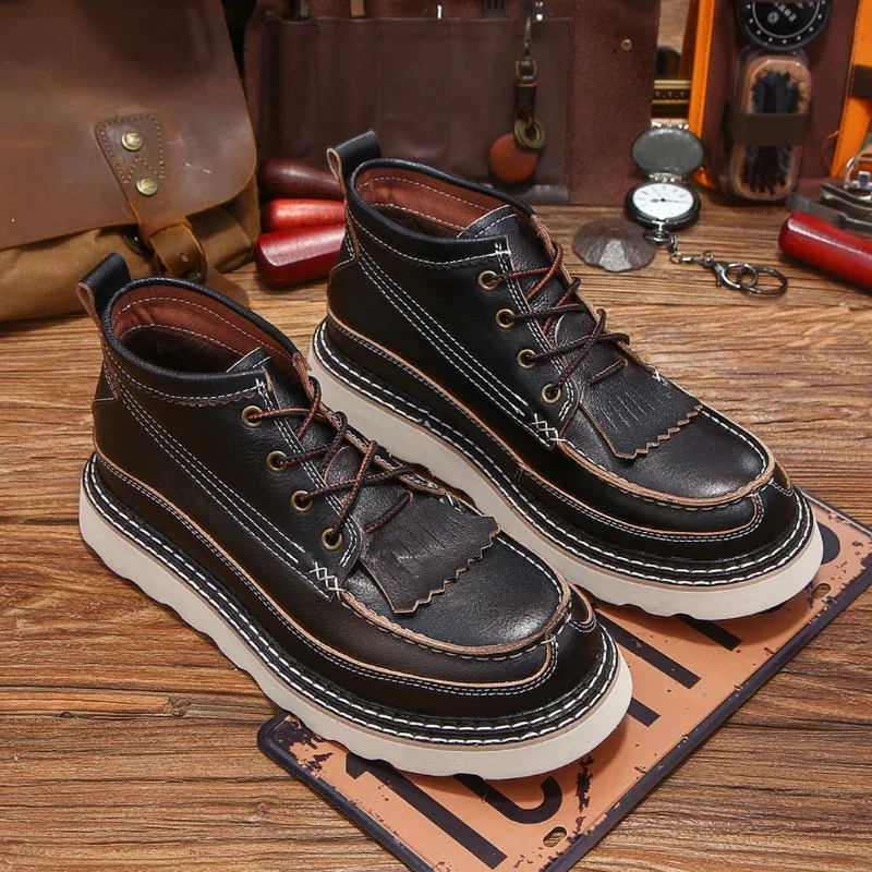 Luxury Vintage Men Motorcycle Boots Genuine Leather Thick Sole Lace Up Fringe Work Shoes Winter Warm Ankle Boots Botines