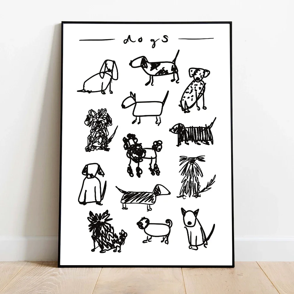 Animal Dogs Black and White Print Dogs Breed Drawing Wall Art Kids Room Decoration Dog Lover Gift Poster Picture Canvas Painting