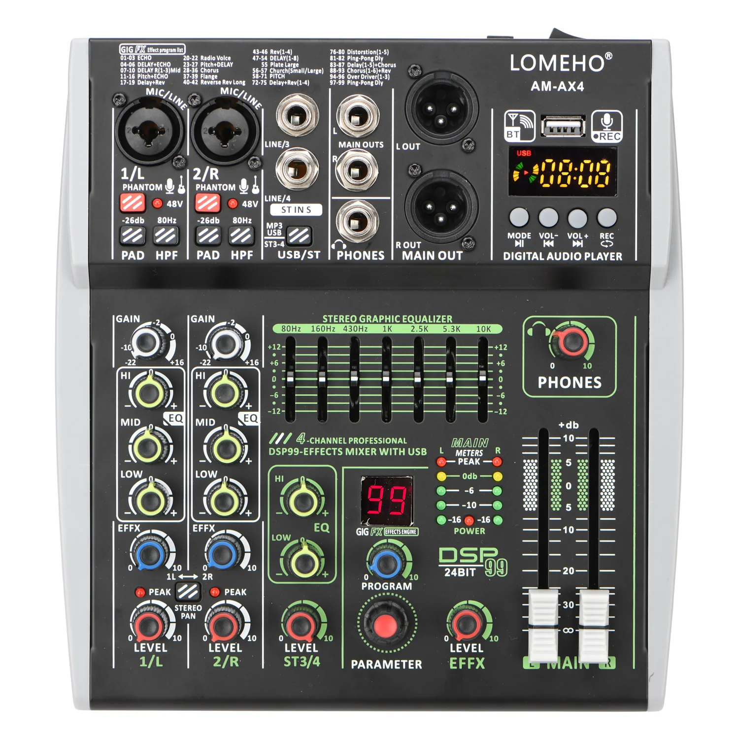 LOMEHO Console di missaggio con ingresso a 4/6 canali 48V 99 Effetto DSP Mixer audio Bluetooth DJ USB Riproduzione PC Registra tavolo audio Podcast AM-AX4