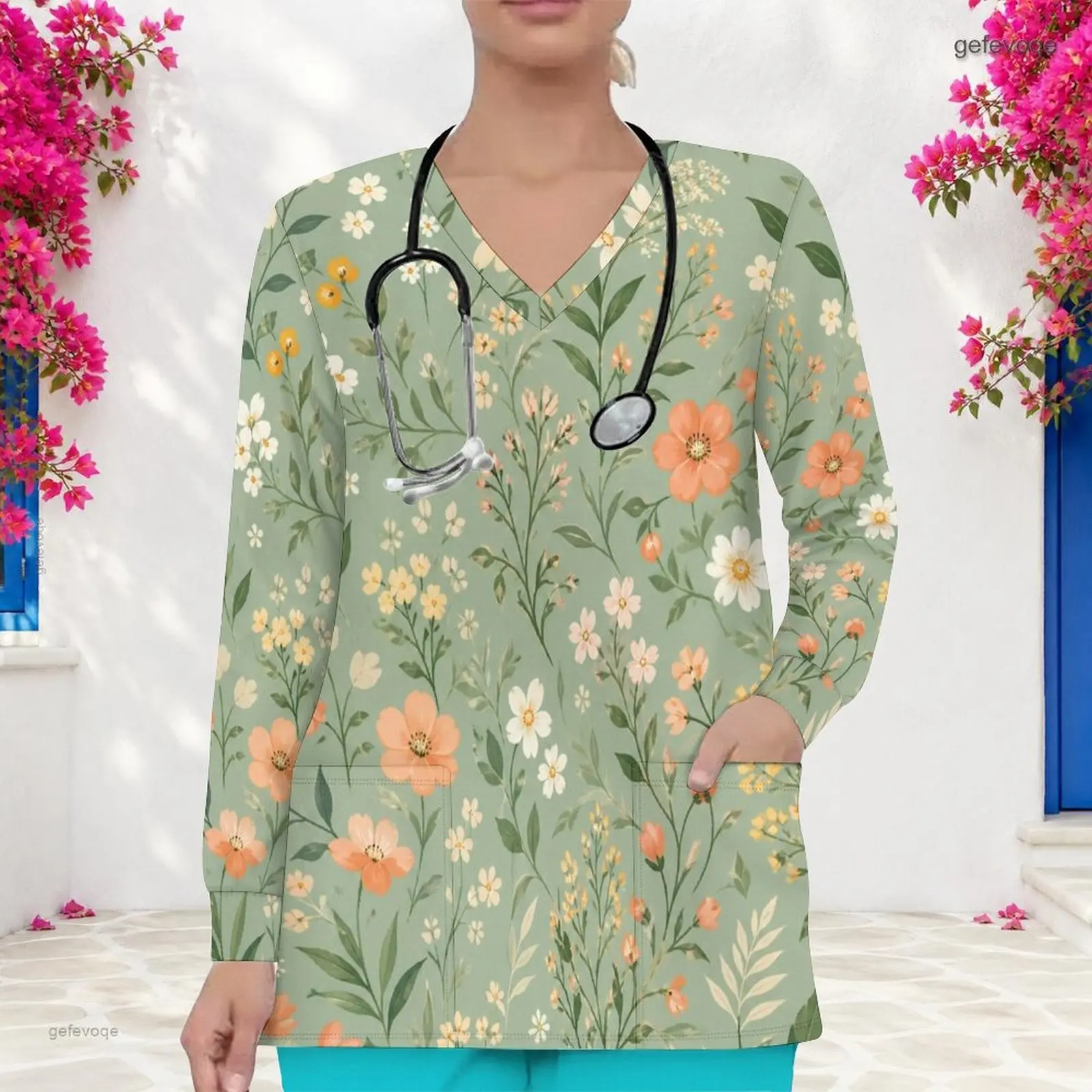 V Neck Long Sleeve Front Pockets Printed Scrub Top for Women