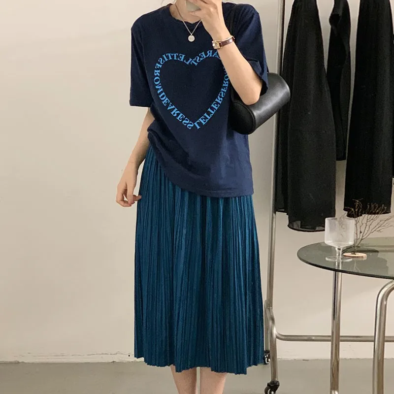 Fashion Pleat Long Skirts 2 Piece Set Women Outfits Heart Letter Print Female Summer T-shirts + Casual Skirts Set 2024 New