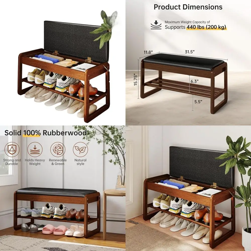 Wooden Flip-Top Shoe Rack Bench, 2-Level Organizer with Cushion for Entryway, Mudroom, and Foyer