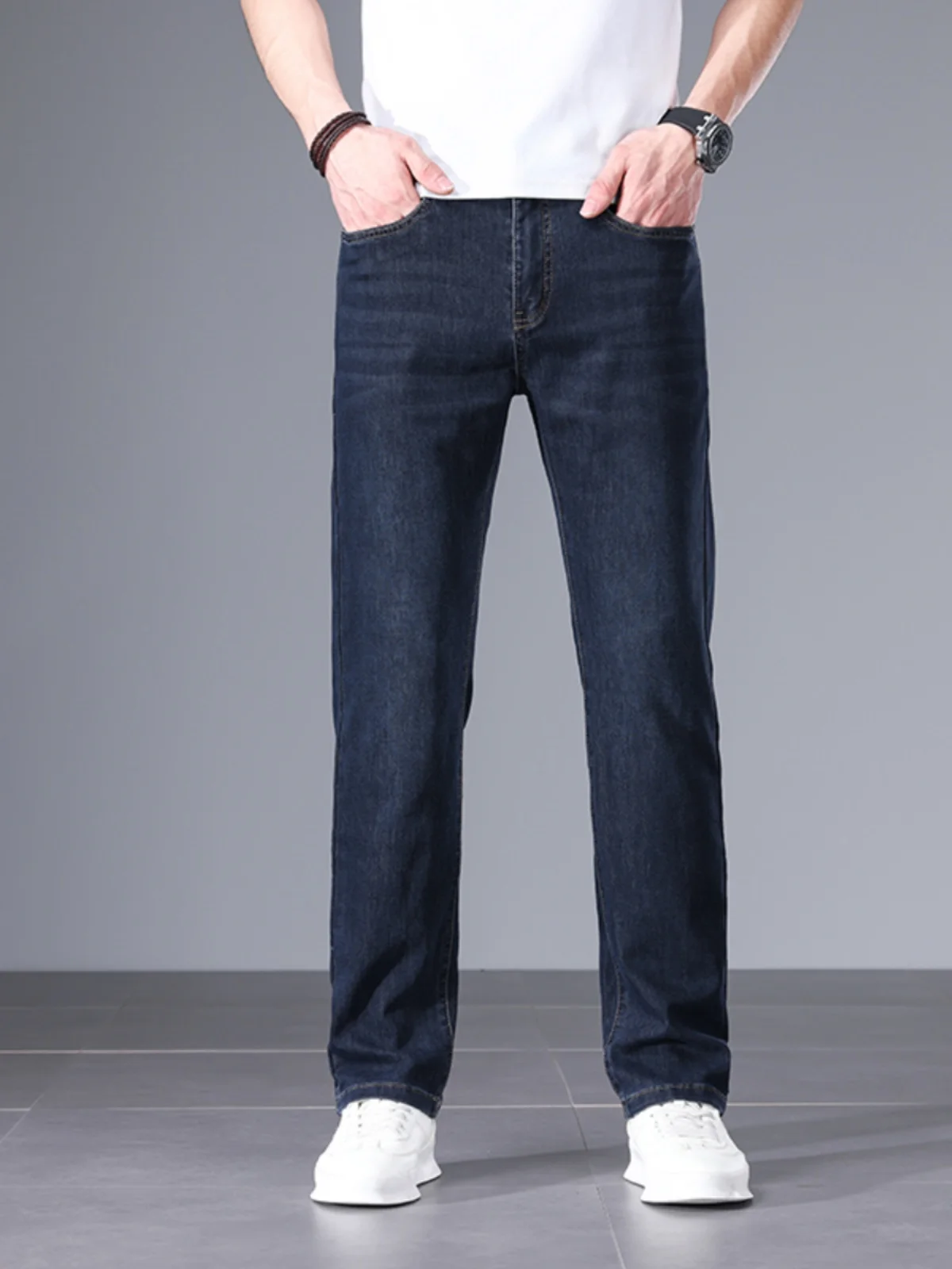 

Spring Autumn Men's Busin Casual Commuter Straight Leg Stretchy Slim Fit Jeans mid Waist Long Pants Modern Sle