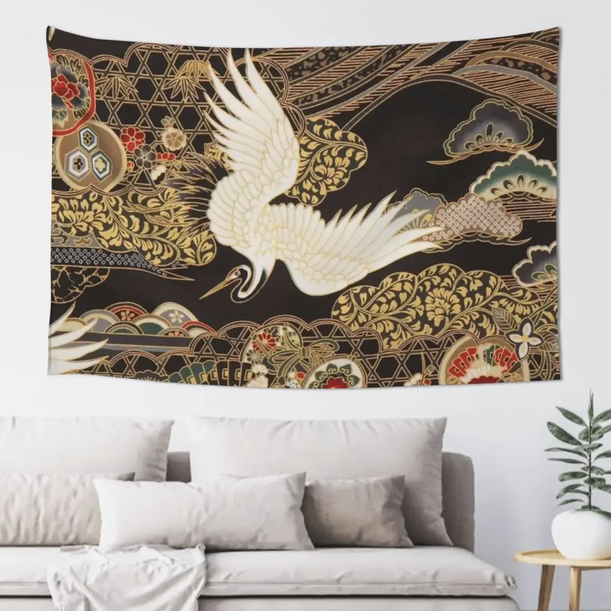 

VintageJapanese Cranes Gold and Black Tapestry Wallpaper Room Decoration Aesthetic Tapestry
