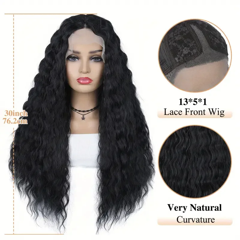 lace wig women's black fluffy long curly hair chemical fiber headbands water wave lace wigs