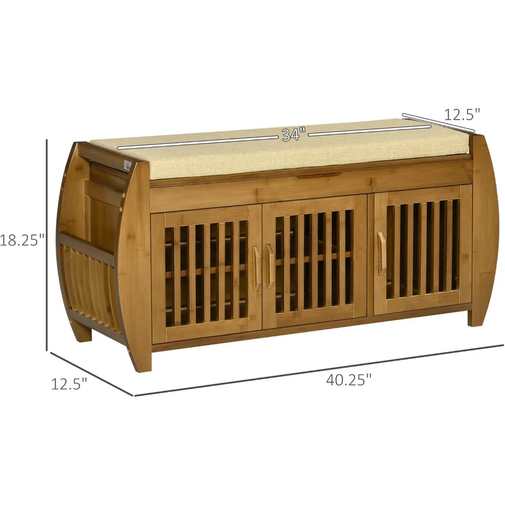 مقعد تخزين الأحذية من الخيزران مع وسادة، وخزانة ذات 3 أبواب، ورف جانبي، وحجرة مخفية للمدخل