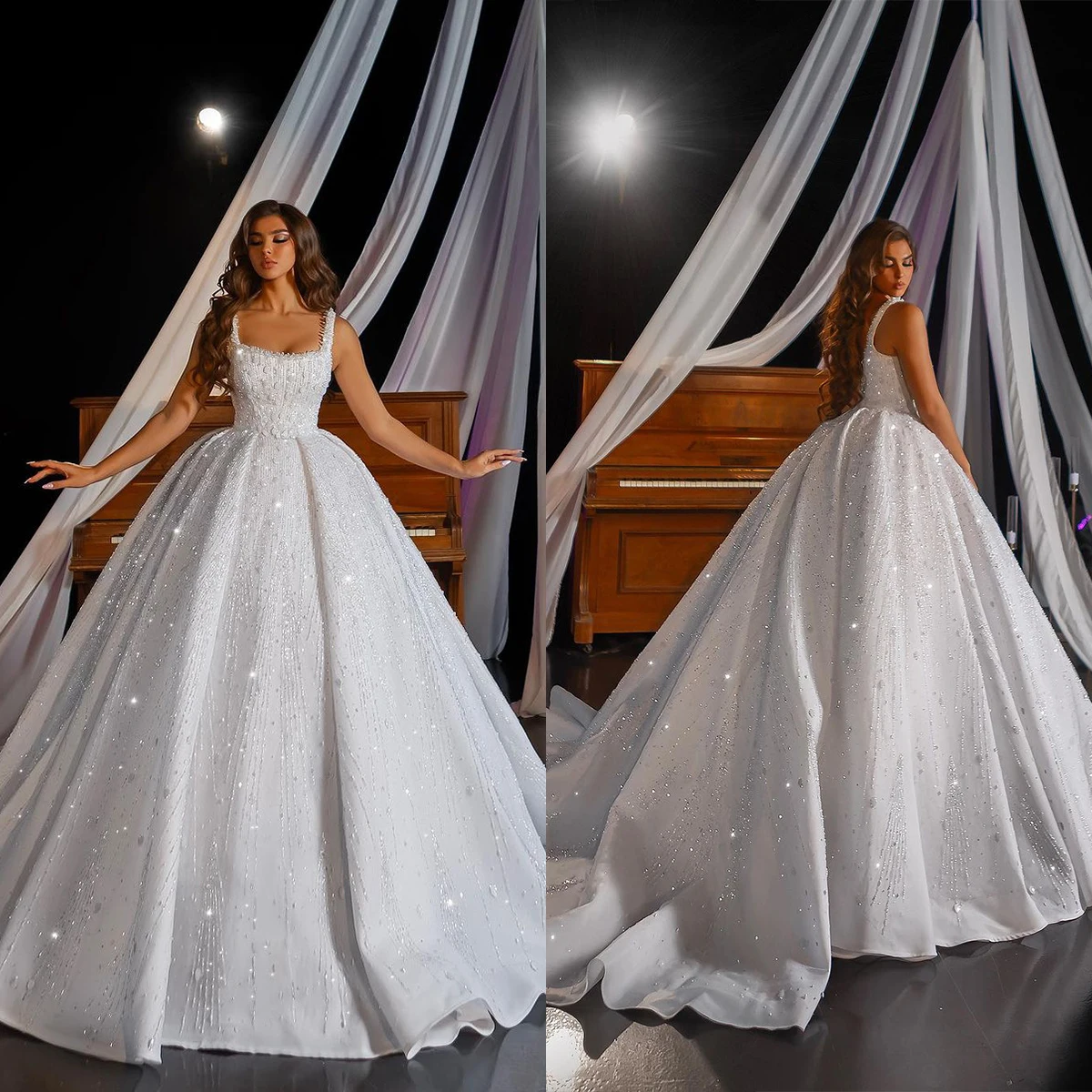 

Elegant Wedding Dresses Sequined Spaghetti Straps Princess Backless Bridal Ball Gowns Custom Made Robes De Mariée