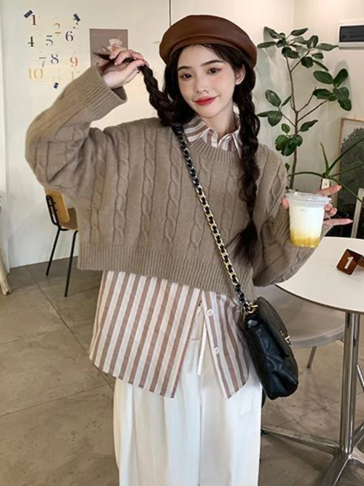 Cropped Pullovers Women Vintage Fashion Basic Teens Preppy Sweet Retro All-match Fall New Arrival Casual Sweaters Tender Loose