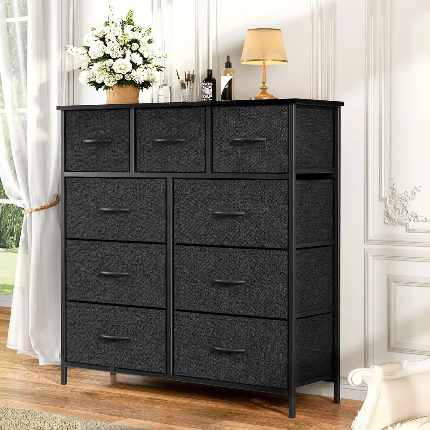 OLIXIS Organizer Storage 9, Chest of Drawers with Fabric Bins, Tall Dresser with Wood Top for Bedroom, Closet, Entryway, Black