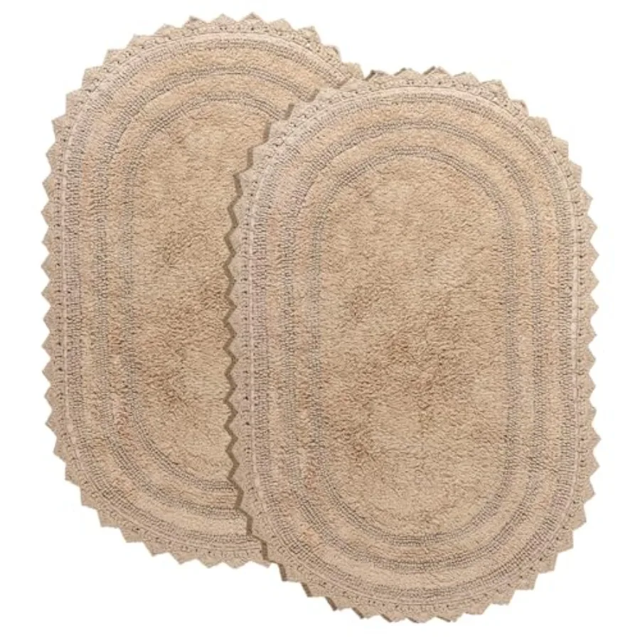 

Cotton Bathroom Rug Pack of 2 - Oval 17x24 Inch Crochet Reversible Boho Bath Mat - Sand