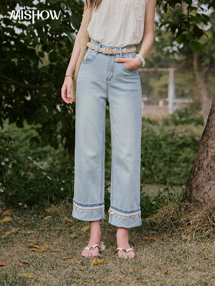 

MISHOW Office Lady Summer Long Jeans Women 2025 High Waist Shell Tassel Nine-point Wide-leg Pants Straight Slimming MXE34K0941