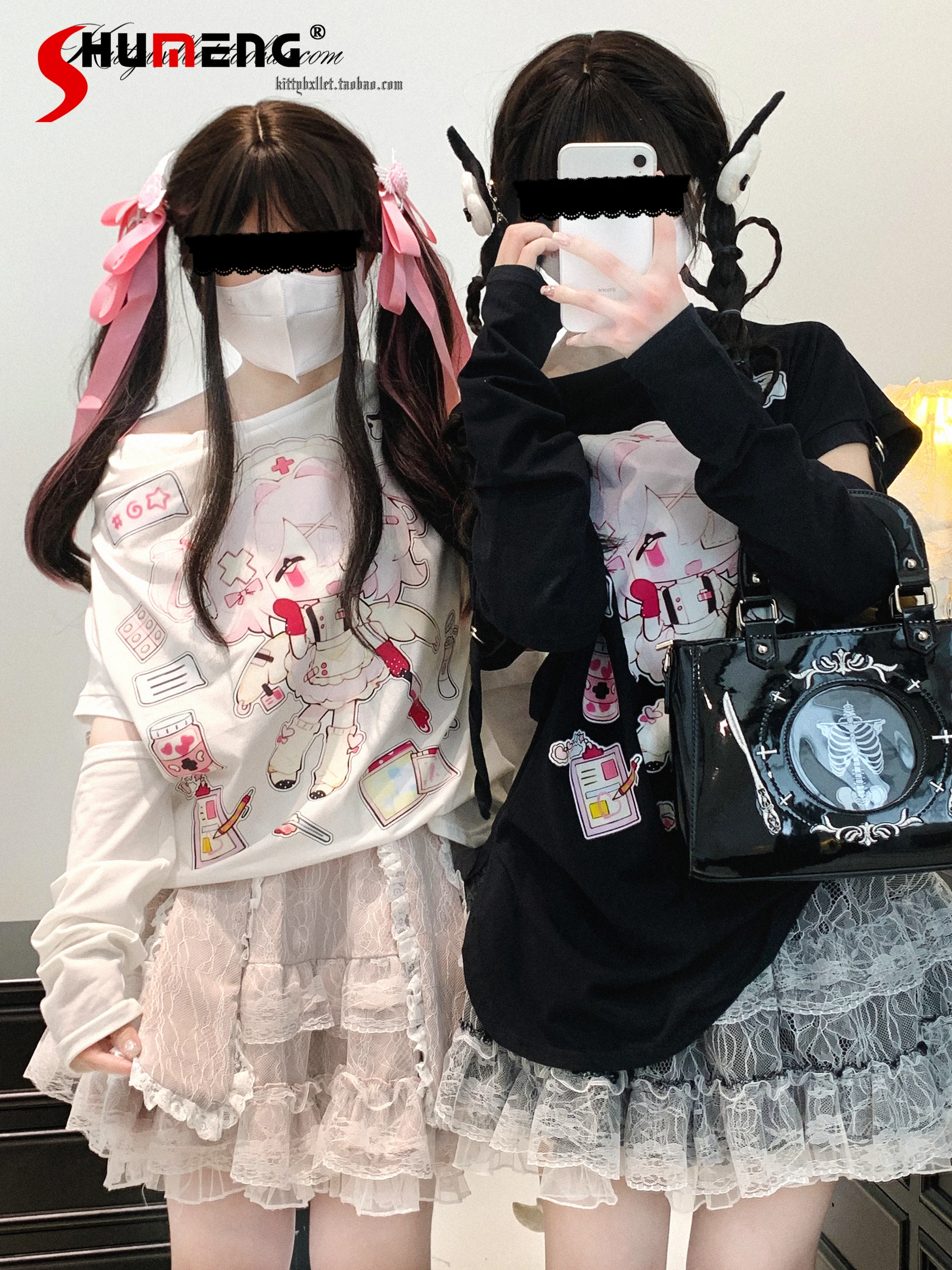 

Original Subculture Anime Print Kawaii Long Sleeve Tops Autumn New Japanese Style Cute Sweet Splicing Sleeves T-Shirts Womens