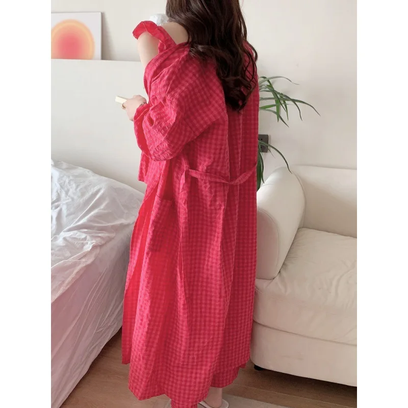 Women's Pajamas Set Robe Suspender Trousers 3PCS Plaid Home Clothes Sexy Casual Sleepwear Peplum Suspender Nightgown