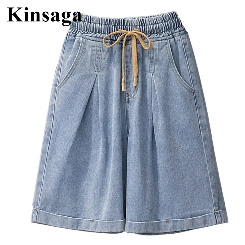 Women Hemming Elastic Waist Loose Wide Leg Shorts Jeans Mom 4xl Summer Pleated Cuffed Baggy Denim Pant Bermudas Cropped Trousers