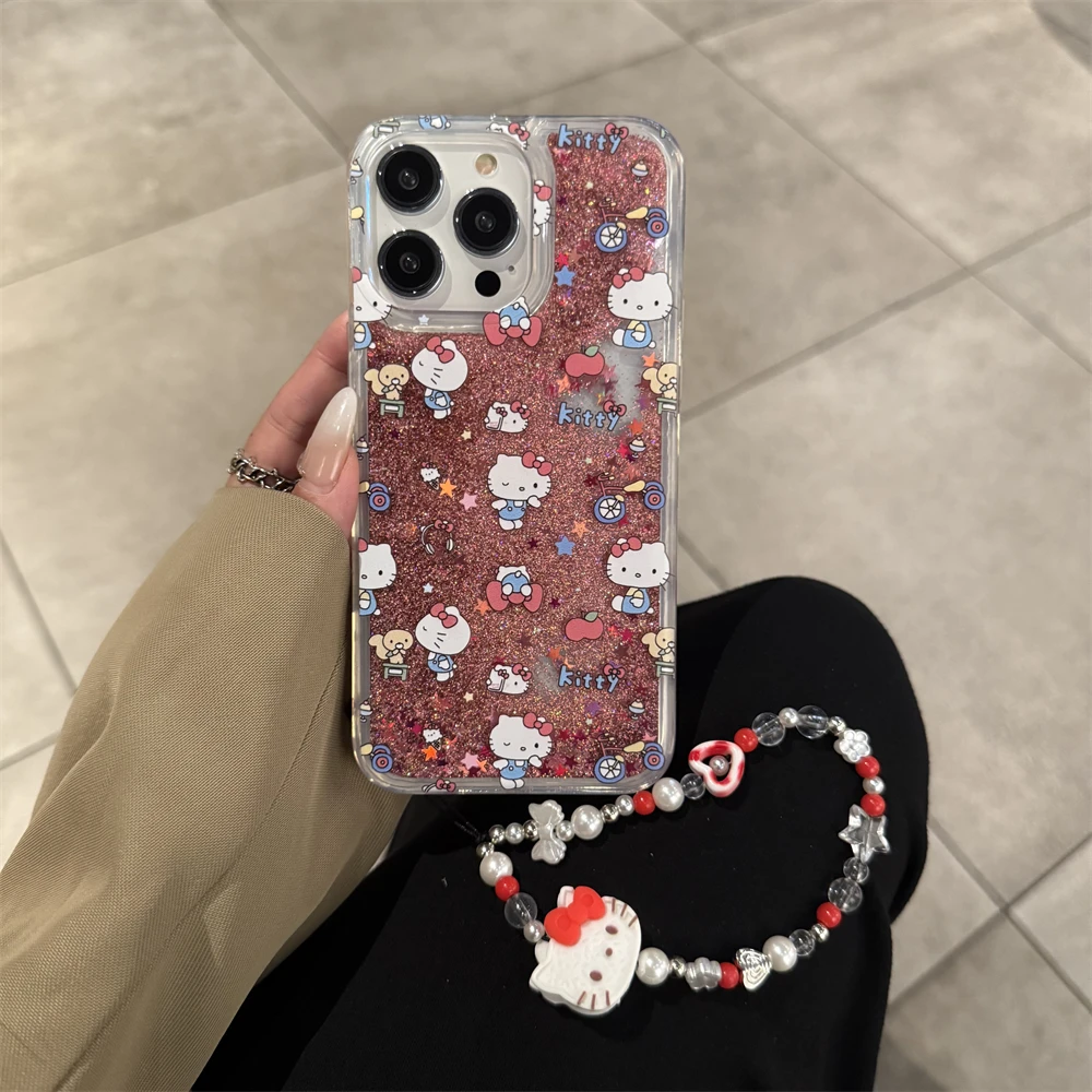 Hello Kitty KT Glitter Phone Case For iPhone 16 15 14 13 12 11 Pro Max Liquid Quicksand Bling TPU Cover Soft Shell