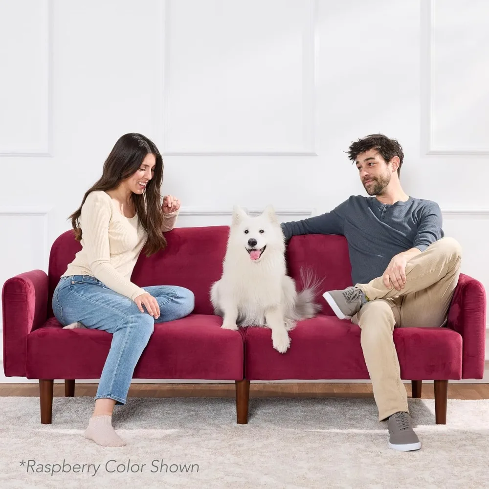 77 أريكة بمقعدين مخملي حديث من منتصف القرن، أريكة، سرير نوم قابل للتحويل مع خشب حقيقي، ذراع قابل للإزالة #2