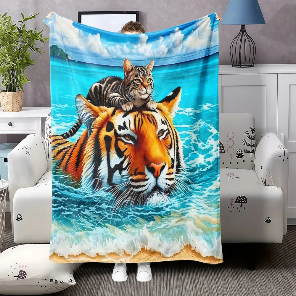 1pc Cat and Tiger Friend Pattern Flannel Blanket, Gift for Family and Friends, Nap Blanket, Throw Blanket, Sofa Camping