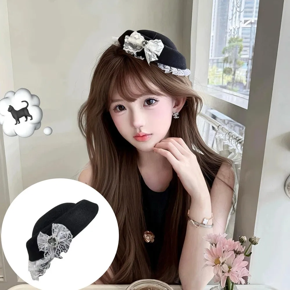 Vintage Sweet French Style Lace Billycock Hat lacework bow-knot Elegant Top Hat Heart Crystal Small Bowler Hat Fashion Event