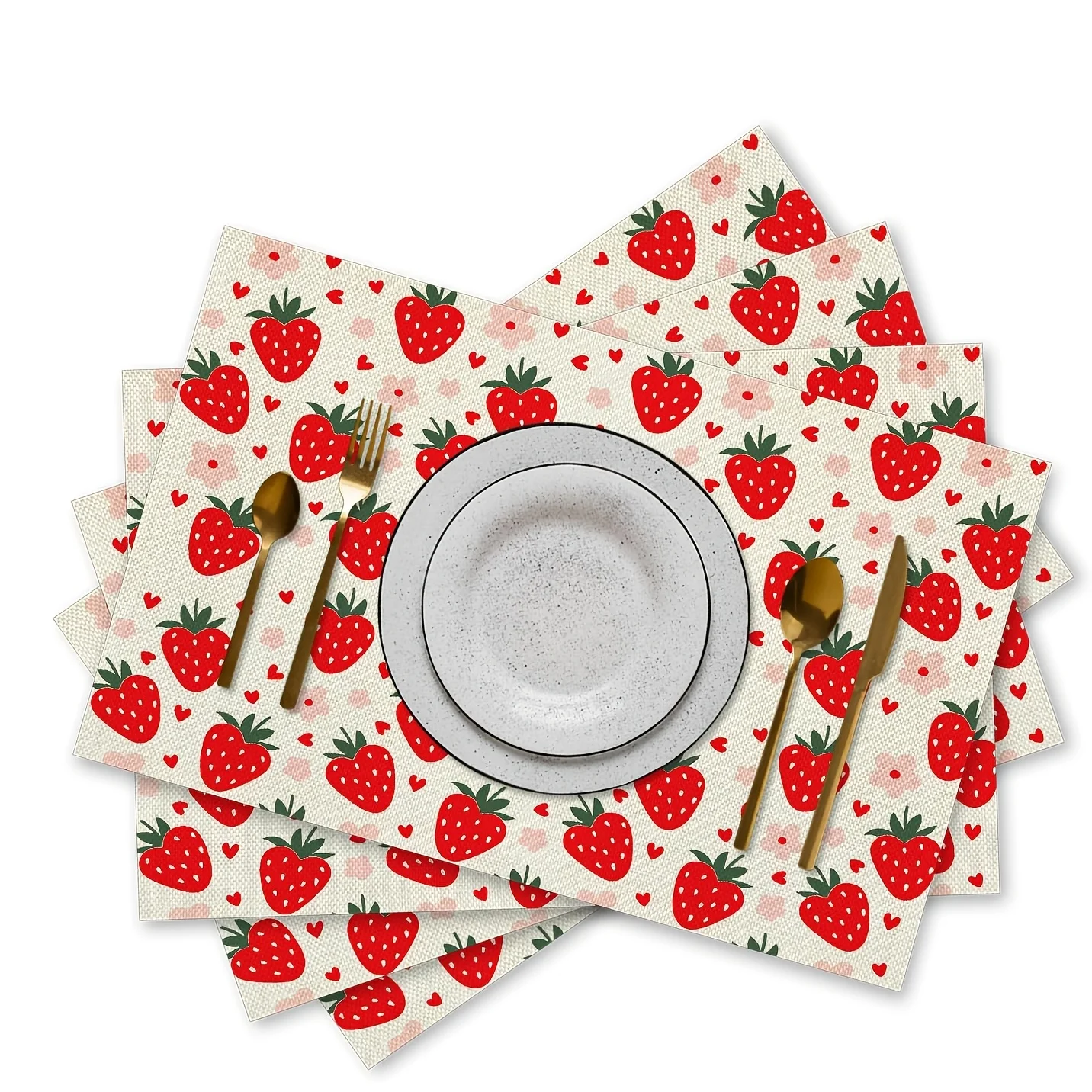 4/6pcs Cute Strawberry Fruit Love Flower Placemats for Kitchen Table Indoor and Outdoor Party Decoration 12x18inch