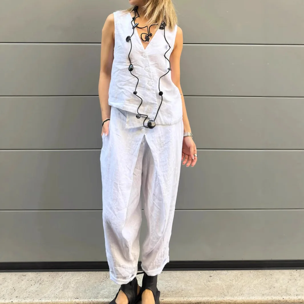 

Summer Fashion Solid Color Cotton Linen Two Piece Set Women V-neck Sleeveless Vest Pants Casual Two Piece Set