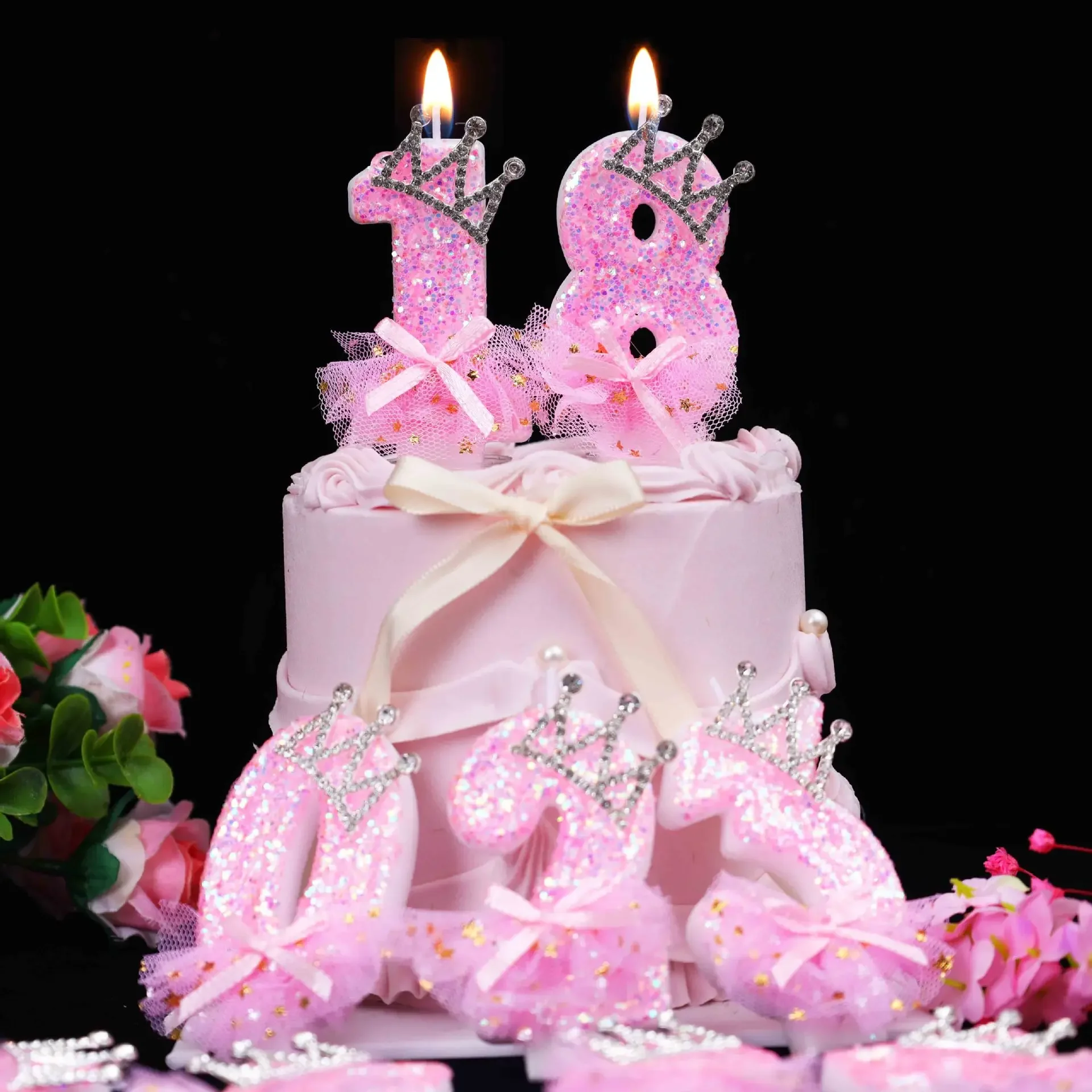 Pink sparkling digital birthday candles, crown and pink chiffon bow, princess themed cake candles
