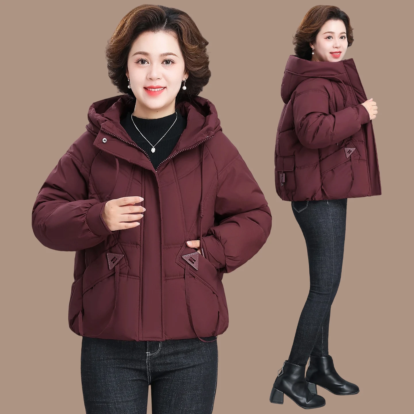 

Winter Thiened Warmth Women's down Cotton Jaet Coat Faionable Zipper Closure Multi-ket Hooded Polyester Fiber Coat
