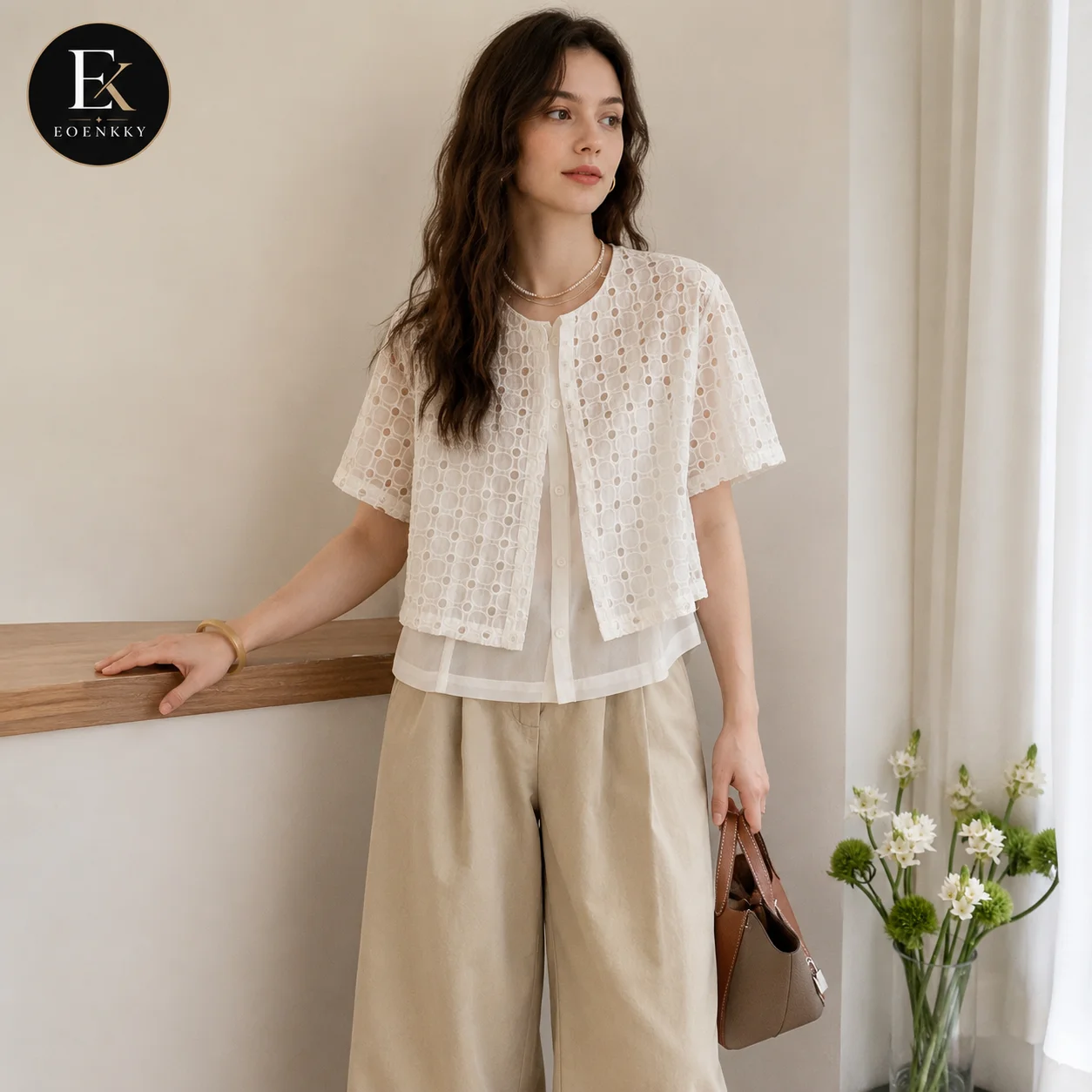 EOENKKY Women's Hollow Out Eyelet Blouse Short Sleeve Faux Two Piece Button Shirt Loose Fit Summer Casual Chic Top