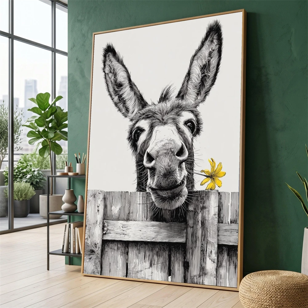 Donkey Peeking Through Fence Print Rustic Farmhouse Animal Art Poster Playful Donkey Canvas Painting Whimsical Farm Animal Decor