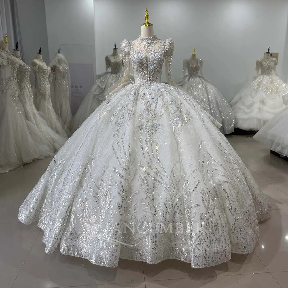 

Luxury Wedding Dresses Beading Ball Gown High Neck Bridal Dresses Lace Sequined Vestido De Novia Customized Xs130