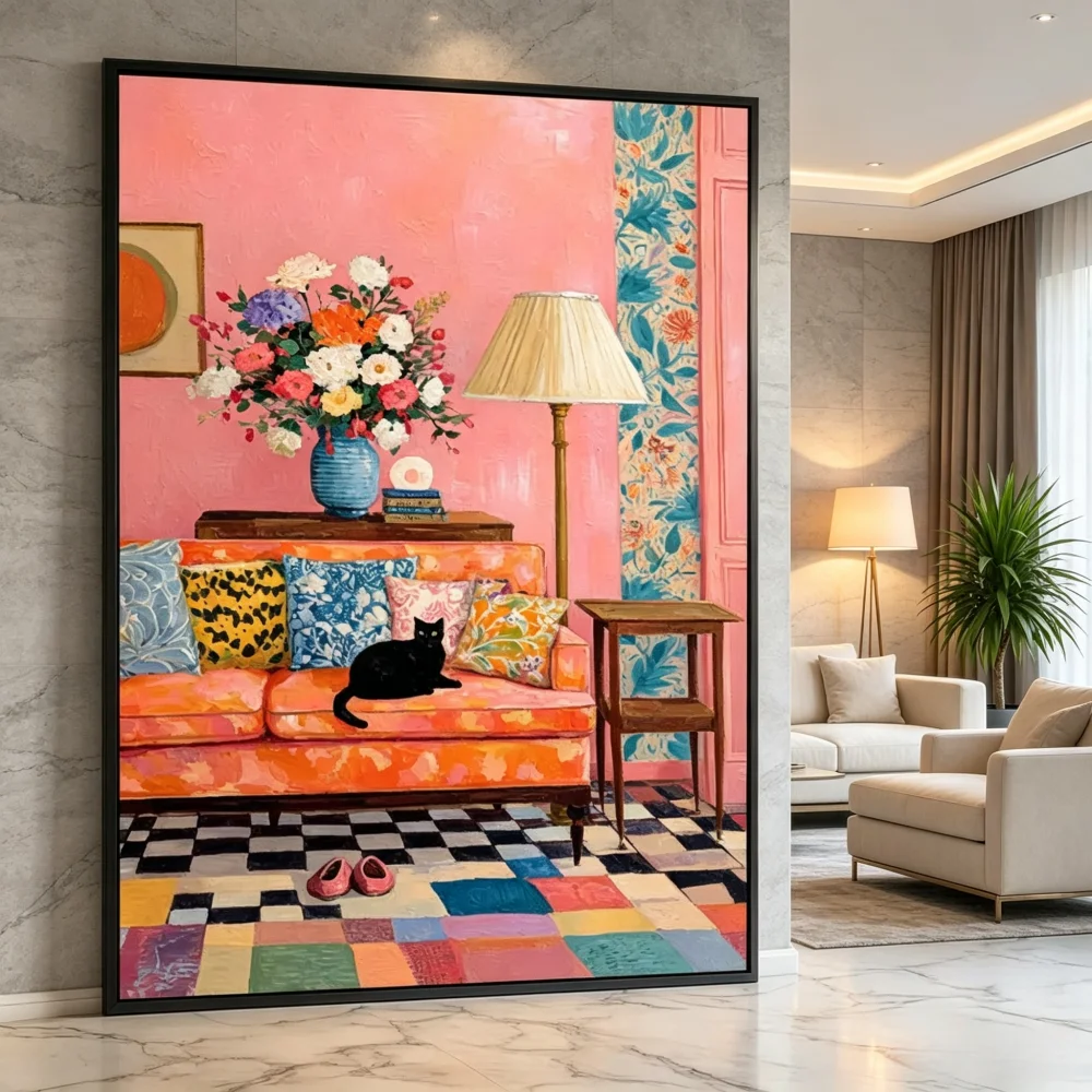 Black Cat On Sofa Canvas Wall Art Maximalist Colorful Floral Poster Print Vintage Aesthetic Animal Canvas Painting Home Decor