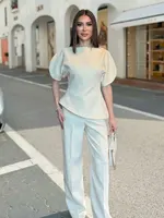 HH Women Elegant Solid Puff Sleeve Blouse Asymmetrical Hem O Neck T-Shirts 2026 Spring Fashion Female Streetwear Y2K Tops