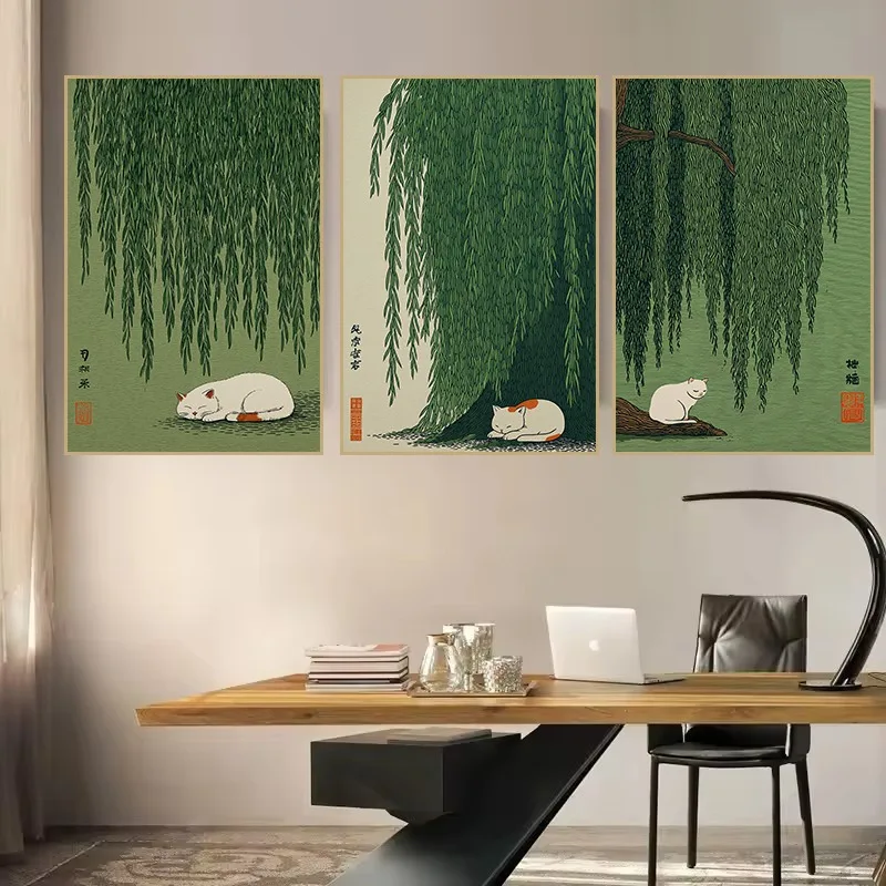 Japanese Style Green Nature and Cat Poster Willow Tree Lily Pond Scenery Canvas Painting Wall Art for Living Room Home Decor