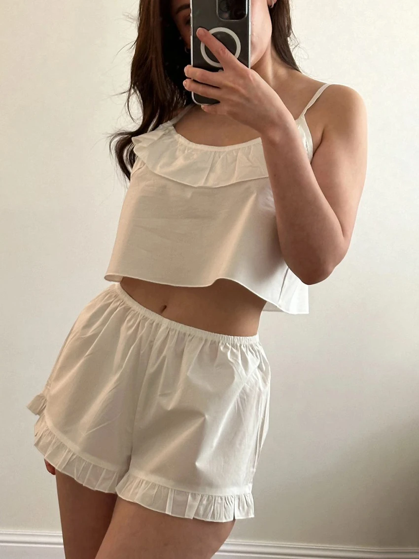 Marthaqiqi Summer Ladies Sleepwear Suit Spaghetti Strap Pajamas Crop Top Nightie Tank Tops Nightwear Shorts Casual Home Clothes