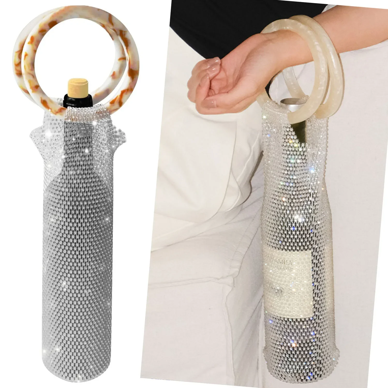 Shiny Diamond Rhinestones Wine Bag Elastic Net Sturdy Handle Wedding Gifts Handwoven Sparkly Water Bottle Cup Bag Gift Bag