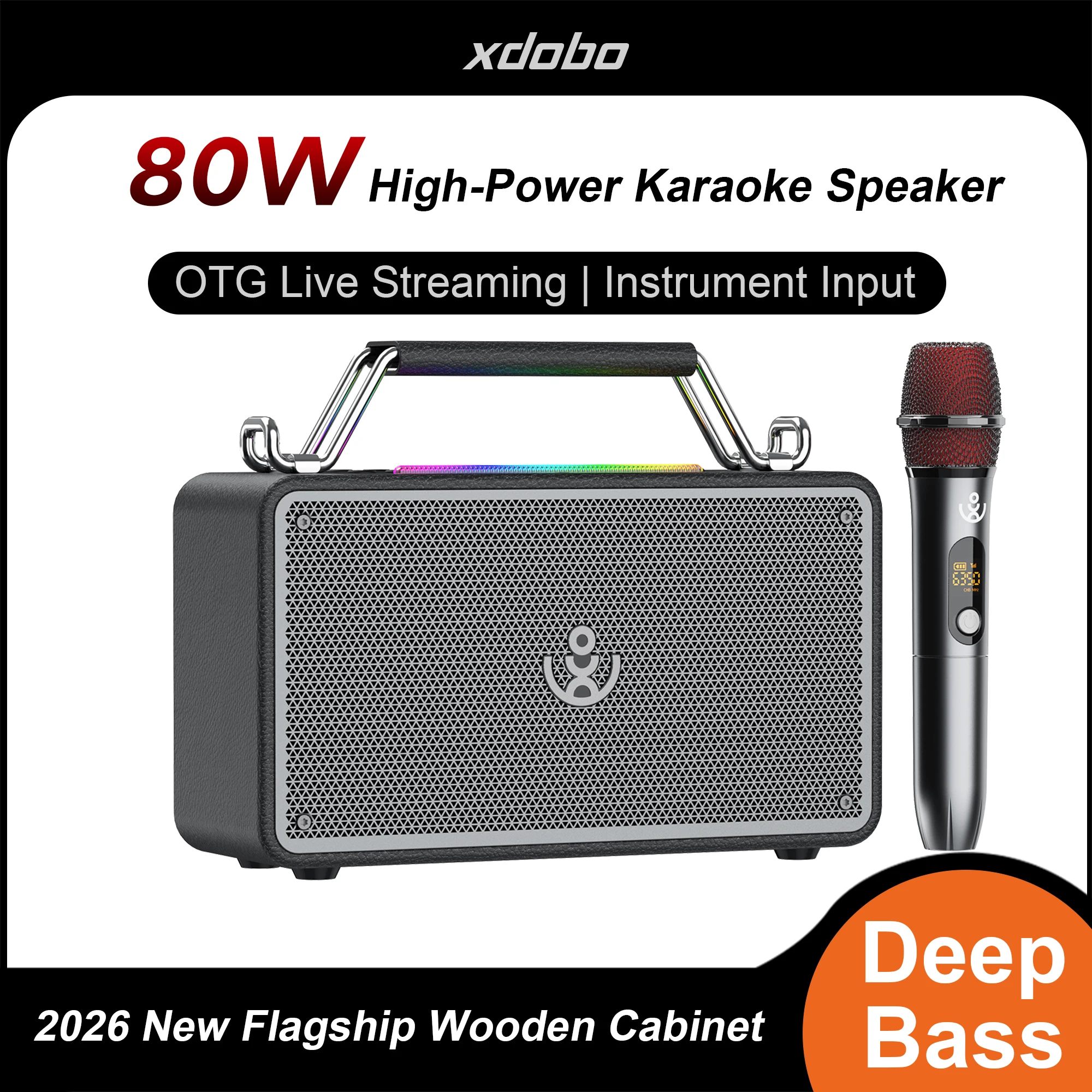 

Оригинальная колонка XDOBO Bold Mini 80W для караоке, Bluetooth-колонка с RGB-подсветкой, 1 микрофоном, стерео-басом и сабвуфером, новинка 2026 года