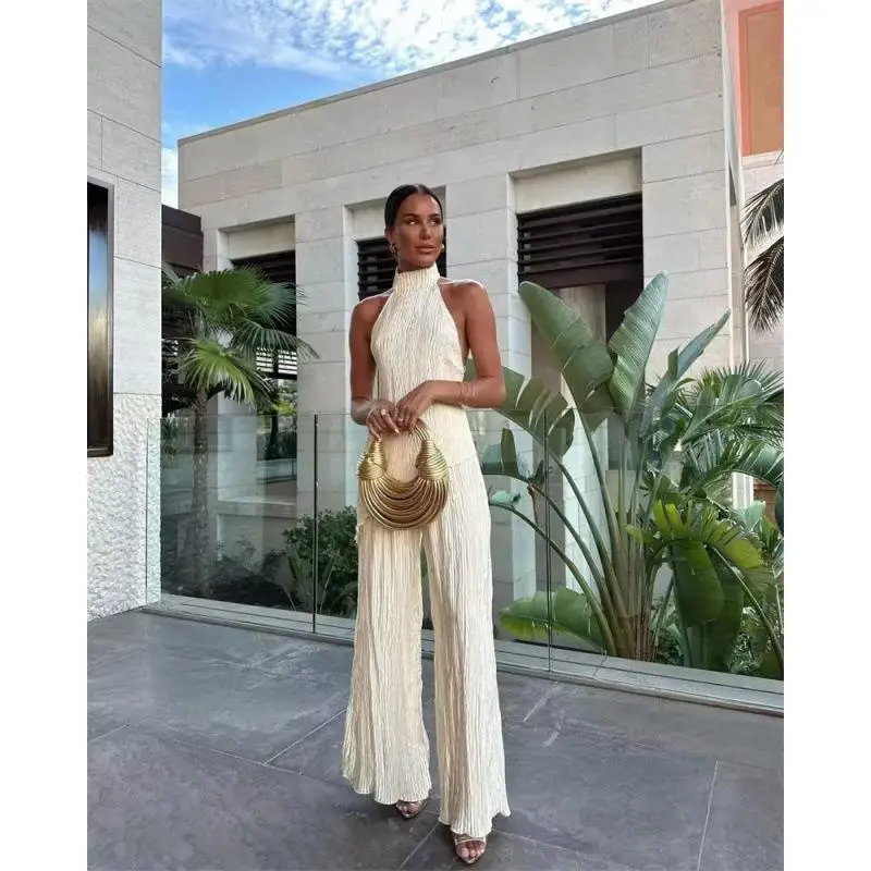 

Женский шелковый плиссированный топ с высокой талией и висячим воротником, длинные брюки, модная офисная одежда Ele, осенняя коллекция