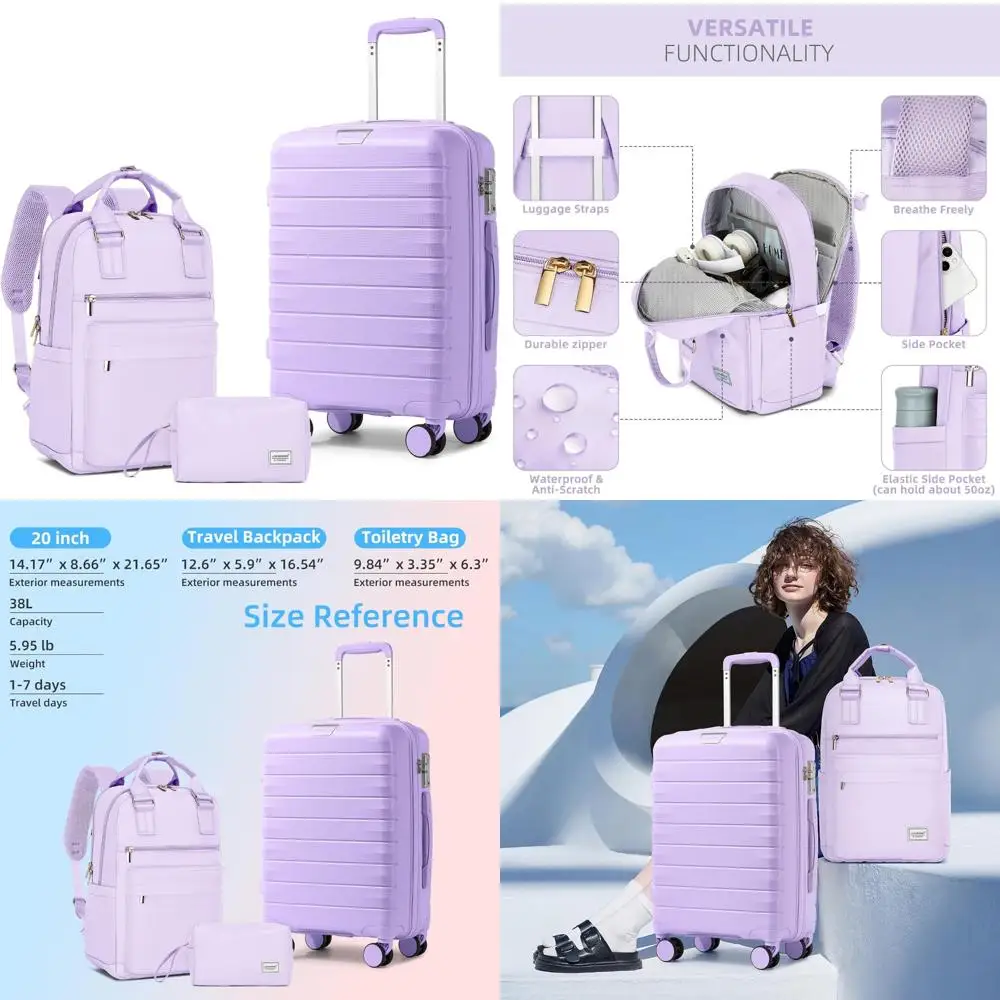 

3 Piece Hardside PP Luggage Set with 360° Spinner Wheels, TSA Lock, Carry On Suitcase for Women, Lavender, Travel Essentials