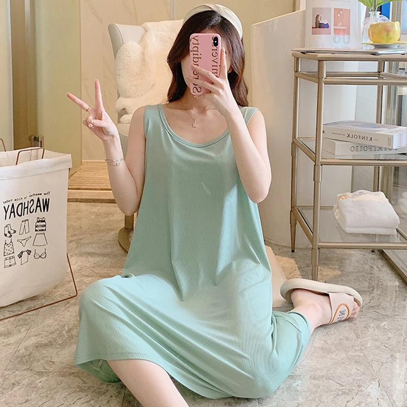 Women\'s Plus Size 4XL 5XL Vest Nightgown Elastic Sleepwear Loose Casual Home Wear Sweet Cute Mid Length Nightdress Loungewear