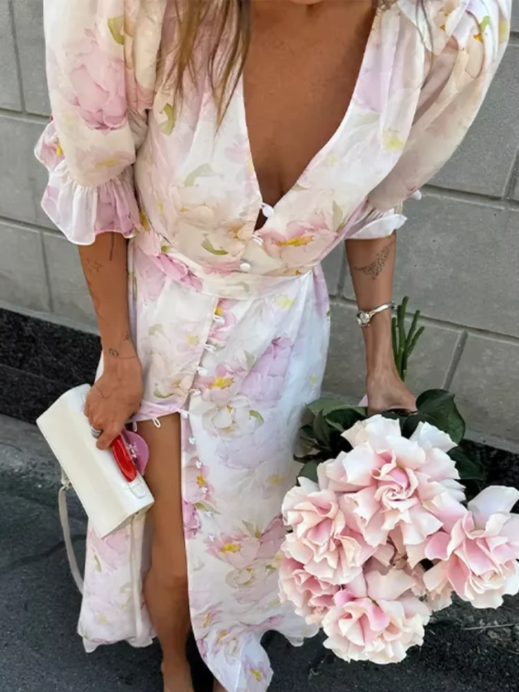 V-neck Organza Floral Chiffon Puff Sleeve Slit Long Dress Bodycon High Slit Bodycon Sexy Dresses Lady Chic Daily Sweet Date Robe - Image 2