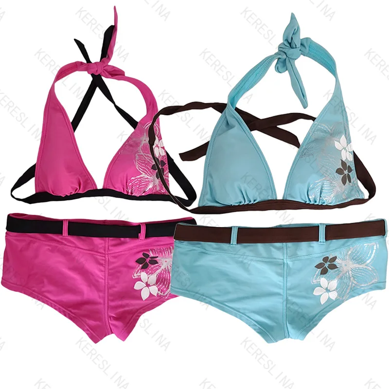 

Beach vacation style light Asian floral print Y2K new fashion summer sexy spicy girl bikini shorts set