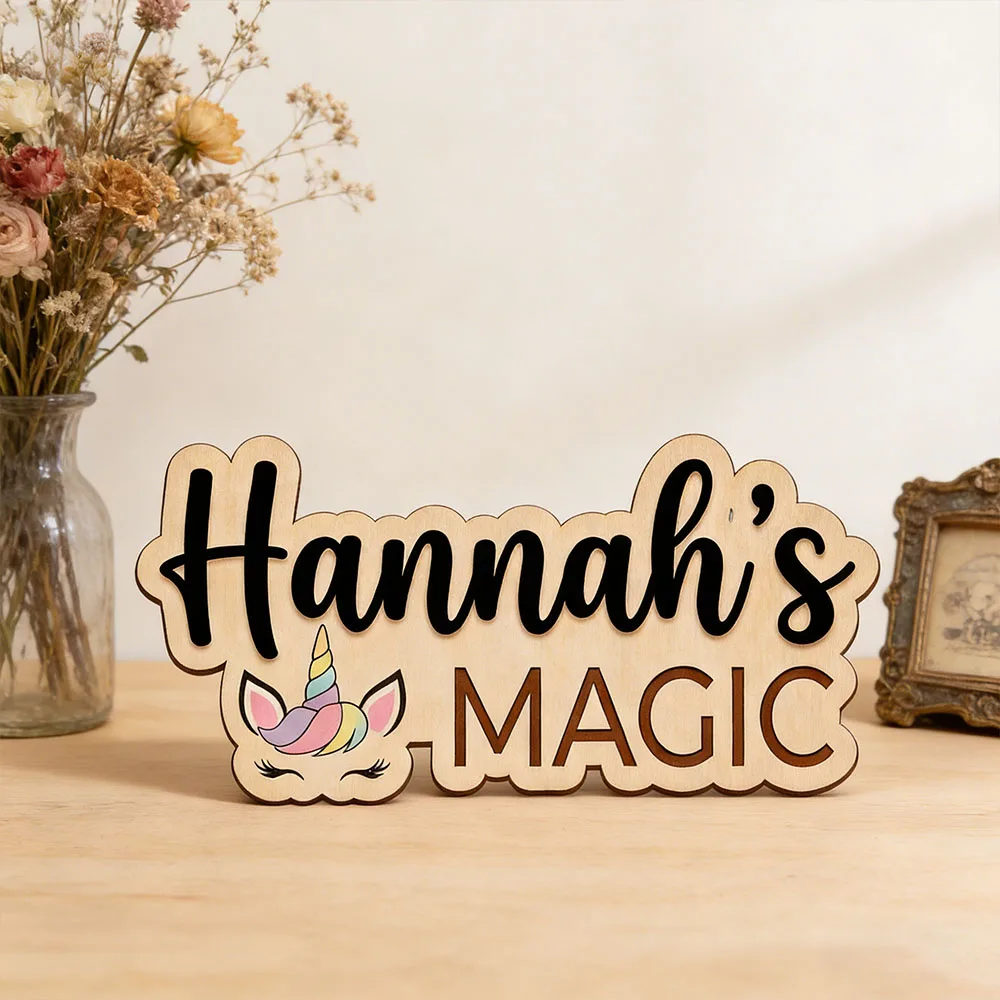 Custom Unicorn Magic Name Door Sign for Girls Bedroom Personalized Rainbow Unicorn Themed Wooden Nursery Plaque