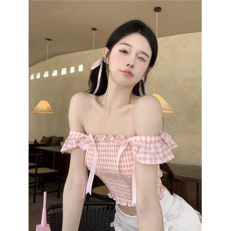 

Летний топ-жилет для девочек с узлом, розовый в клетку, с коротким рукавом, эластичный, облегающий, из полиэстера, стандартный крой.